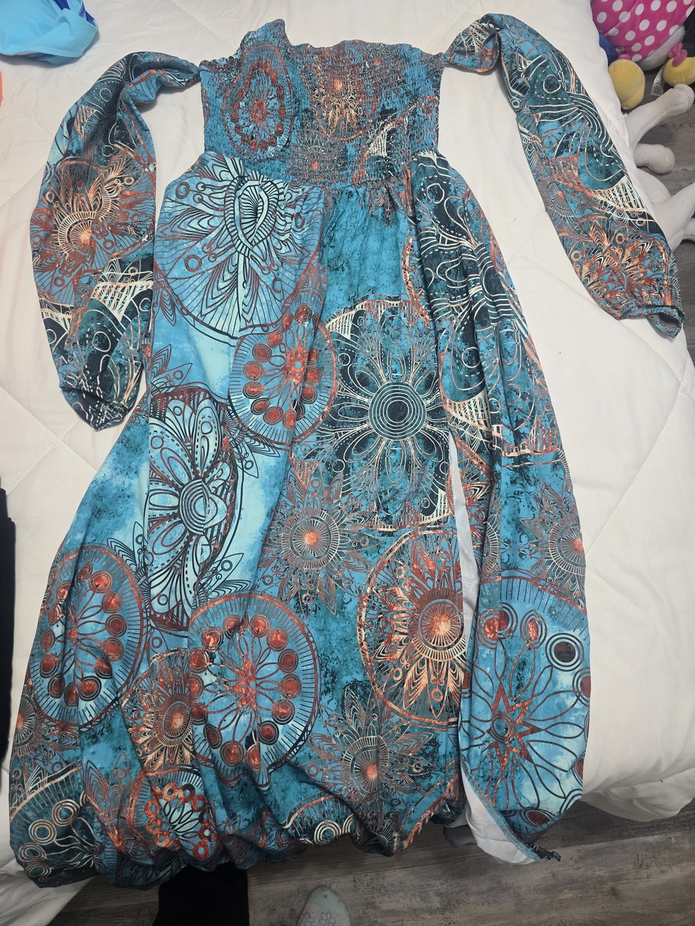 Boho Floral Smocked Off-Shoulder Maxi Dress in Turquoise and Coral